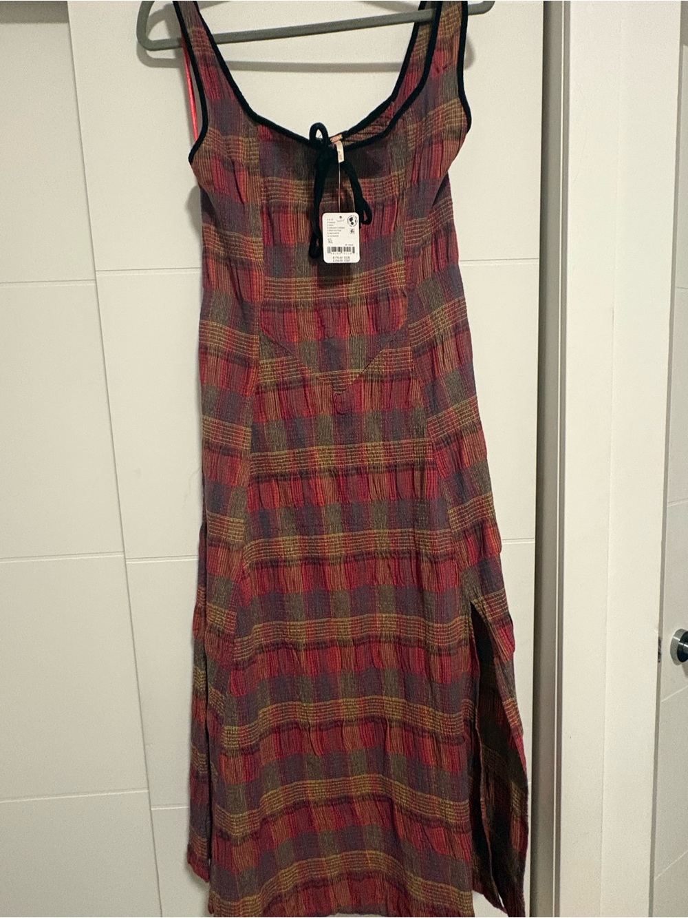 Free People Freya Strappy Midi Dress in Cherry Plaid with Black Trim - Picture 2 of 7